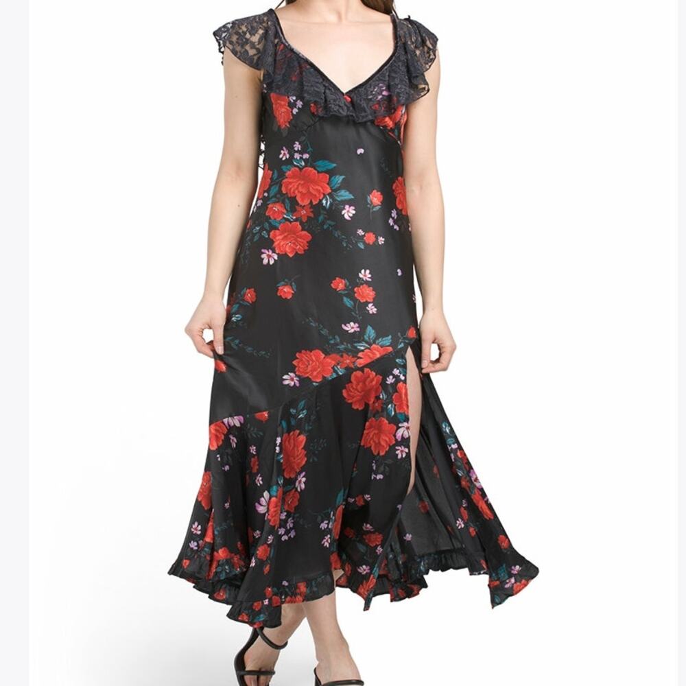 Free People "Warm Hearts" Floral Midi Satin Dress Size X-Small NWT